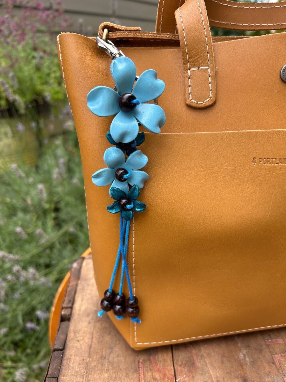 Plumeria Flower Bag Charm Genuine Leather Bag Charm Light blue Flower Charm